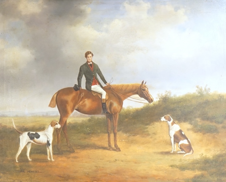 Jan Mortel (20th/21st. C), Study of a huntsman on horseback with hounds, signed, oil on board, 39 x 49cm, ornate frame
